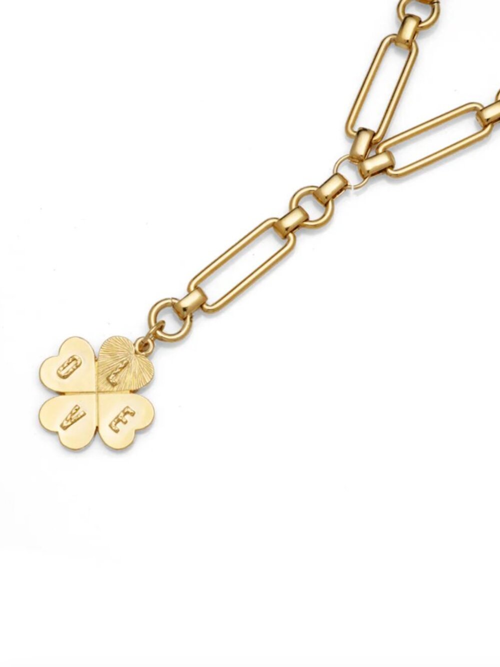 Love Clover Bold Link Lariat Necklace 24K Gold Plate NWOT - Picture 3 of 4